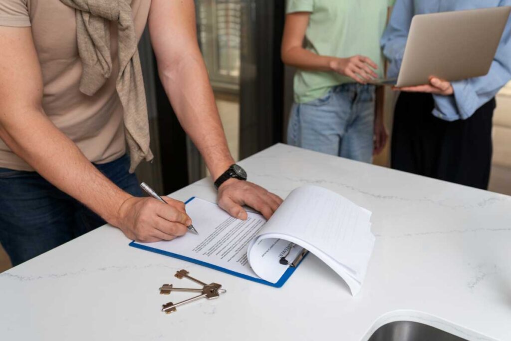 A close-up of a person signing a lease agreement on a white countertop, with a set of keys nearby. Two individuals stand in the background reviewing a laptop, symbolizing legal guidance in commercial leasing. This represents the importance of legal support in navigating commercial leases in Manitoba.
