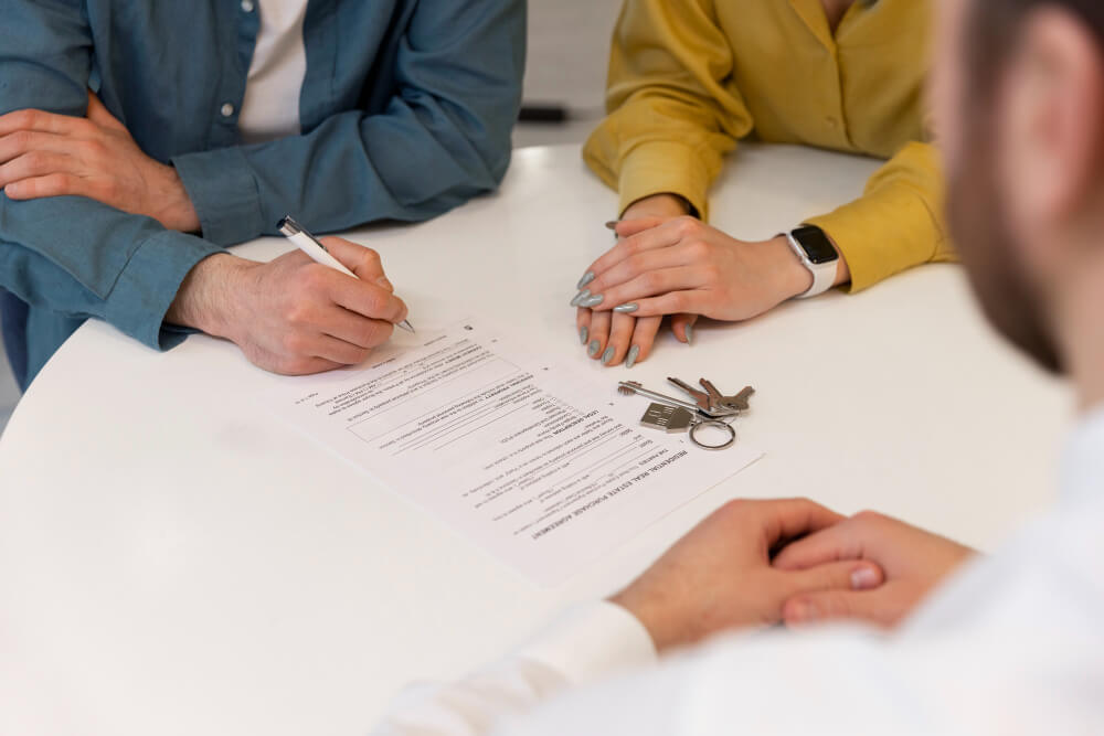 Homebuyers signing property documents with house keys on the table during a real estate closing, illustrating title insurance protection with legal guidance from TLR Law in Manitoba.