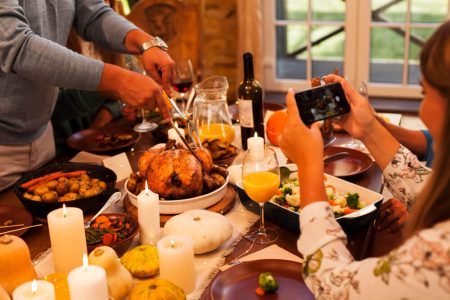 A family having a thanksgiving gathering in Winnipeg, Manitoba.
