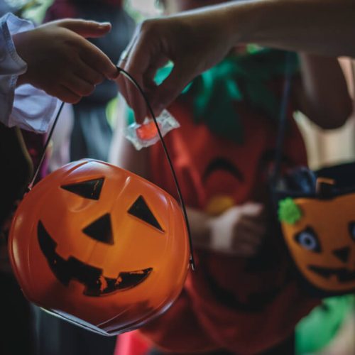 Children trick-or-treating in Manitoba holding pumpkin-shaped candy buckets while receiving Halloween treats from homeowners, TLR Law explains homeowner liability and safety tips in Manitoba.