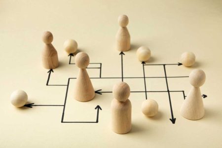 Wooden figurines connected by black arrows on a yellow background, symbolizing business structure and decision-making. TLR Law Firm, Winnipeg.
